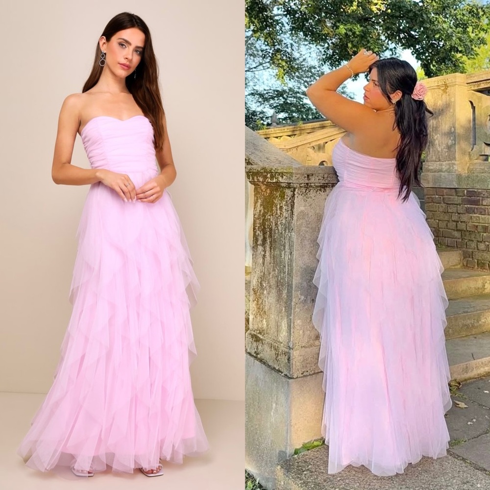 NWT LULUS Ruched Sweetheart Neck Strapless Tiered Ruffle Tulle Balletcore Gown S